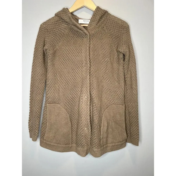 Anthropologie Sparrow Brown Knit Hooded Snap Up Pocket Cardigan Sweater Small - Picture 7 of 12